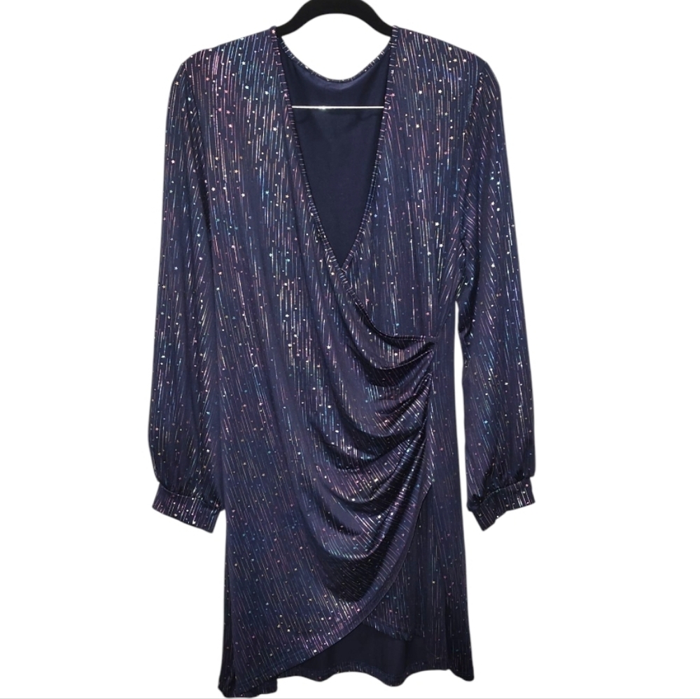SHEIN Curve Blurple Metallic Shooting Stars Faux Wrap Mini Dress Size 2XL